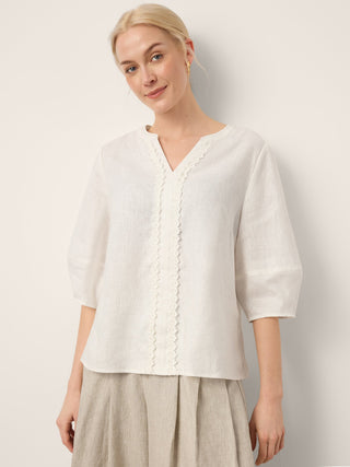 100% Linen Lace Trim Lantern Sleeve V-Neck Top LIVIAN - Glamourous Grace