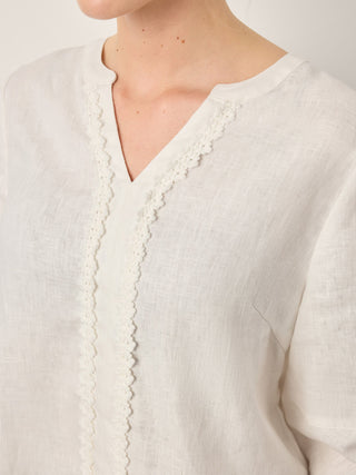 100% Linen Lace Trim Lantern Sleeve V-Neck Top LIVIAN - Glamourous Grace