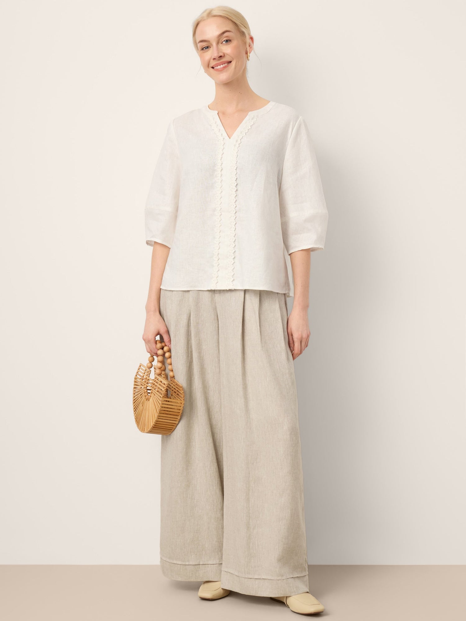 100% Linen Lace Trim Lantern Sleeve V-Neck Top LIVIAN - Glamourous Grace