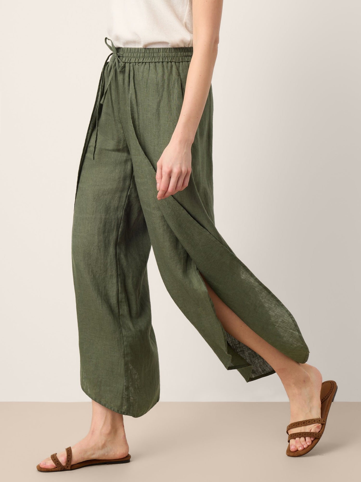 100% Linen Layered Slit Wide-Leg Drawstring Pants PEREGRINE - Glamourous Grace
