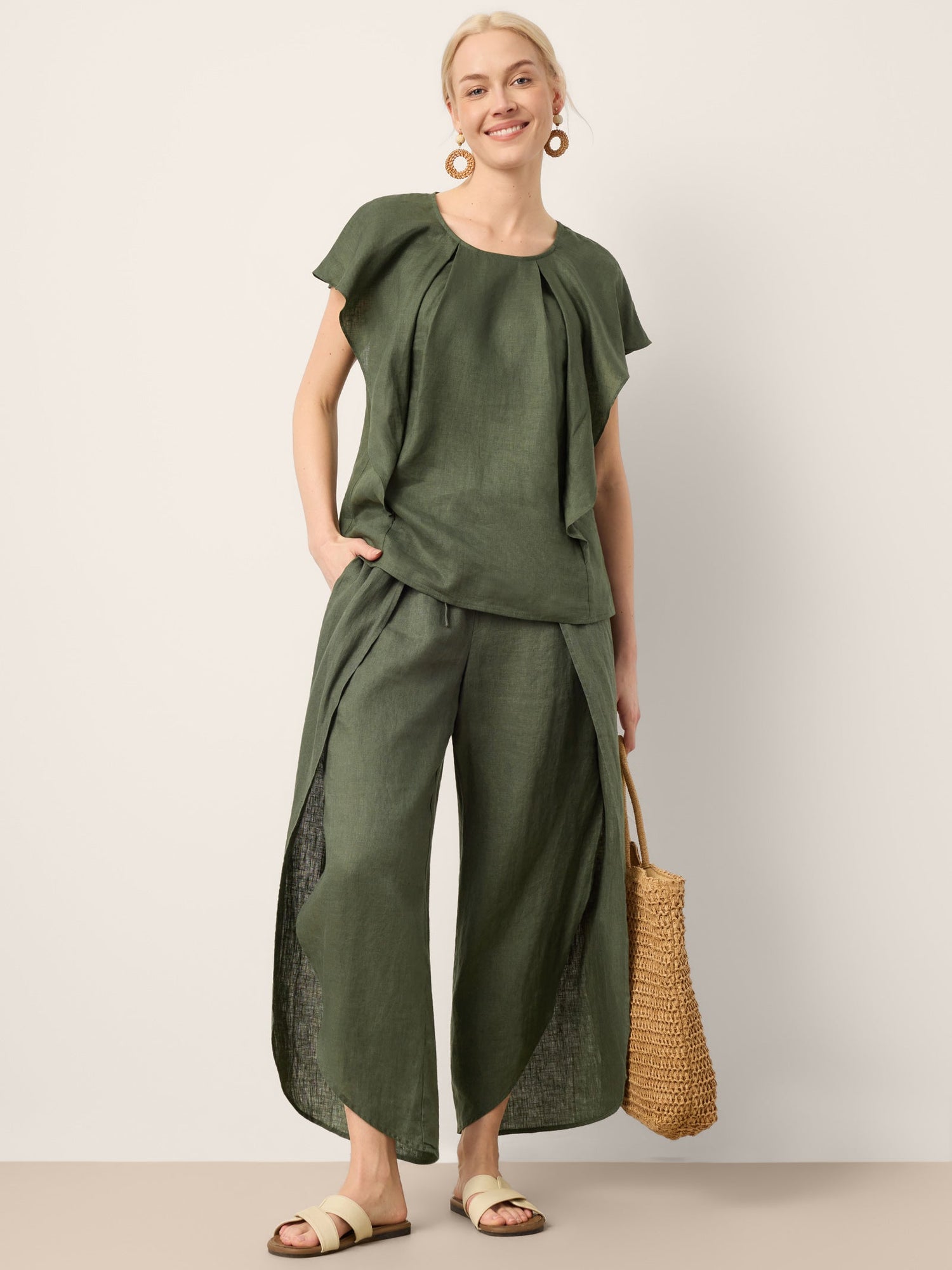 100% Linen Layered Slit Wide-Leg Drawstring Pants PEREGRINE - Glamourous Grace