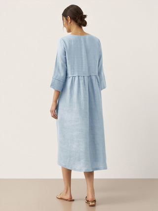 Baby blue linen maxi dress with loose fit, button waist, and gathered design by LINTICO, perfect for casual and summer wear.