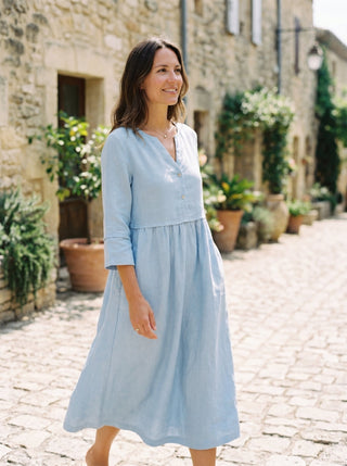 100% Linen Loose Fit Button Waist Gathered Maxi Dress LUNA - Glamourous Grace