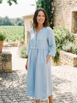 100% Linen Loose Fit Button Waist Gathered Maxi Dress LUNA - Glamourous Grace