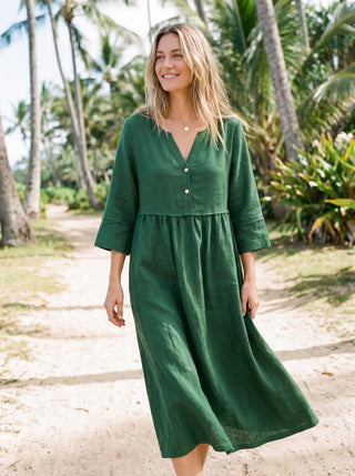 100% Linen Loose Fit Button Waist Gathered Maxi Dress LUNA - Glamourous Grace