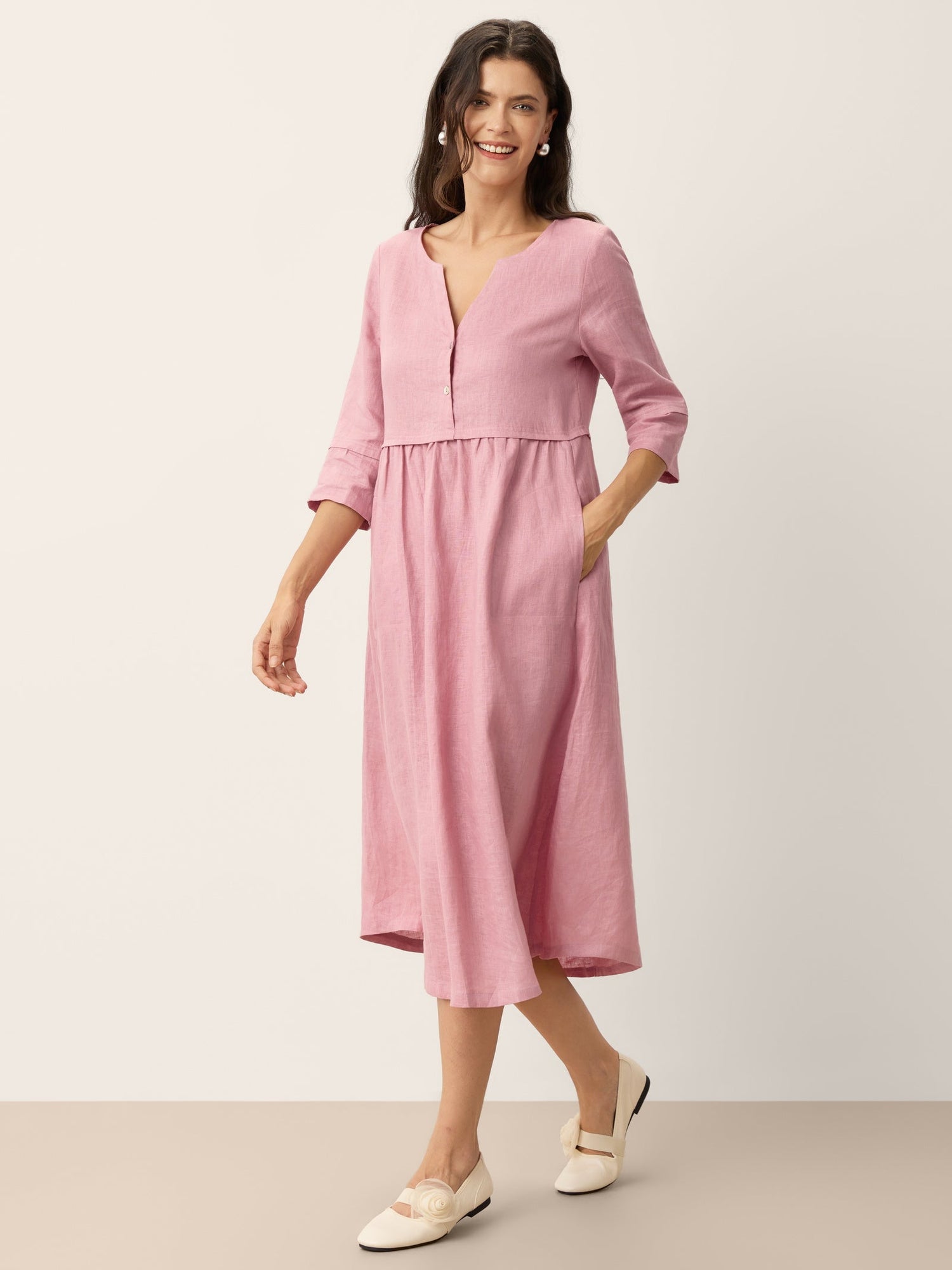 100% Linen Loose Fit Button Waist Gathered Maxi Dress LUNA - Glamourous Grace