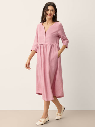 100% Linen Loose Fit Button Waist Gathered Maxi Dress LUNA - Glamourous Grace
