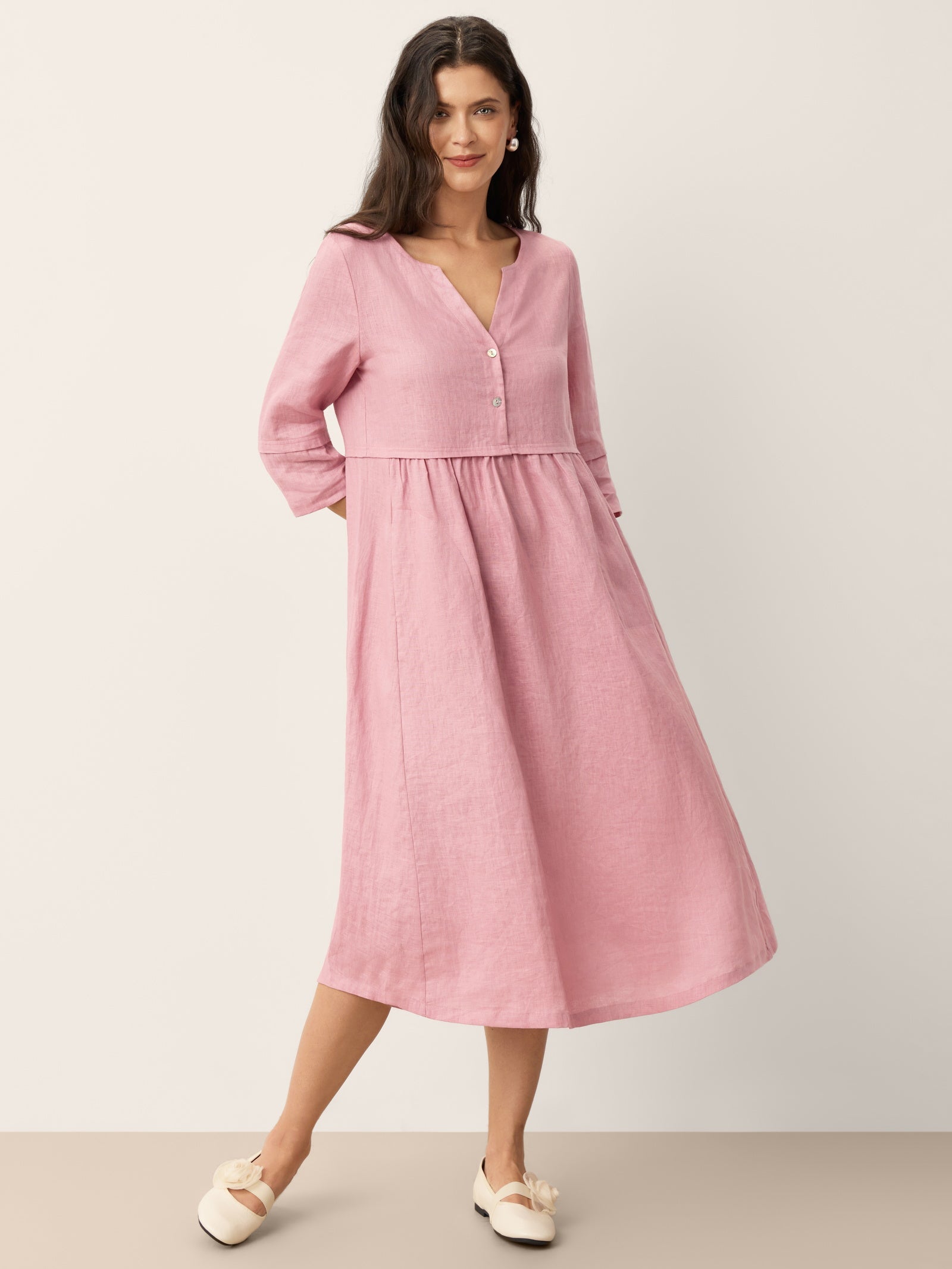 100% Linen Loose Fit Button Waist Gathered Midi Dress LUNA - Glamourous Grace