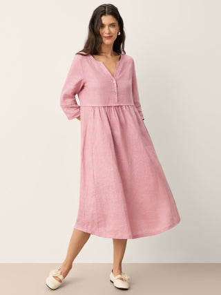 100% Linen Loose Fit Button Waist Gathered Maxi Dress LUNA - Glamourous Grace