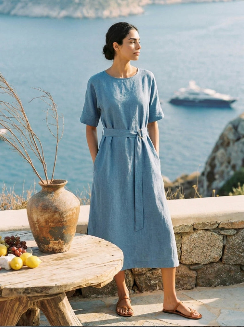 100% Linen Loose Fit Kimono Maxi Dress MADDIE - Glamourous Grace