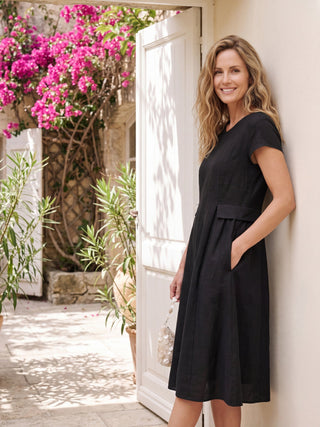 LINTICO 100% linen natural summer V-neck midi dress in charcoal black, lightweight and breathable fabric.