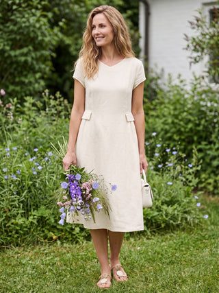 100% Linen Natural Summer V-Neck Dress ALEXA - Glamourous Grace