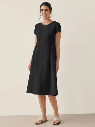 LINTICO 100% linen natural summer V-neck midi dress in charcoal black, lightweight and breathable for warm weather.