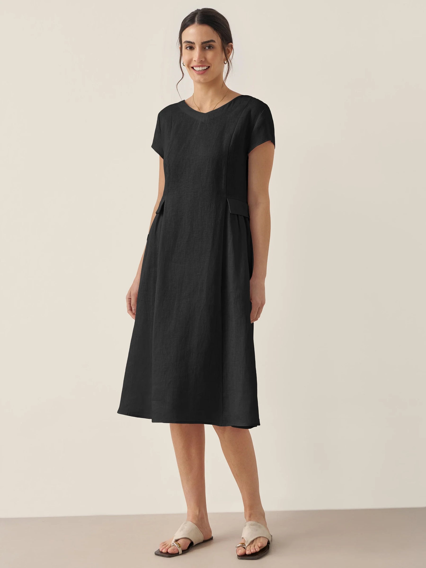 100% Linen Natural Summer V-Neck Dress ALEXA - Glamourous Grace