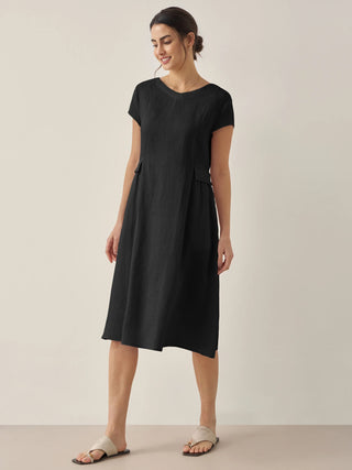 LINTICO 100% linen natural summer V-neck midi dress in charcoal black, lightweight and breathable for warm weather.