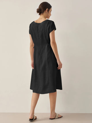 LINTICO 100% linen natural summer V-neck midi dress in charcoal black, lightweight and breathable for warm weather.