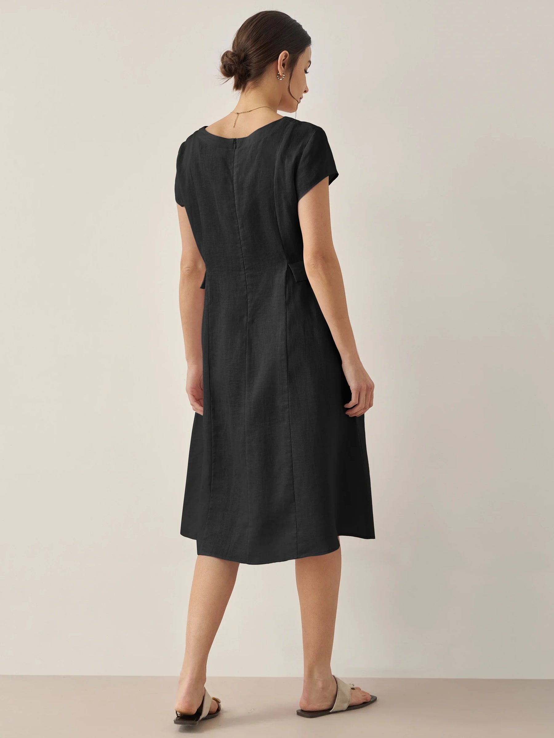 100% Linen Natural Summer V-Neck Dress ALEXA - Glamourous Grace
