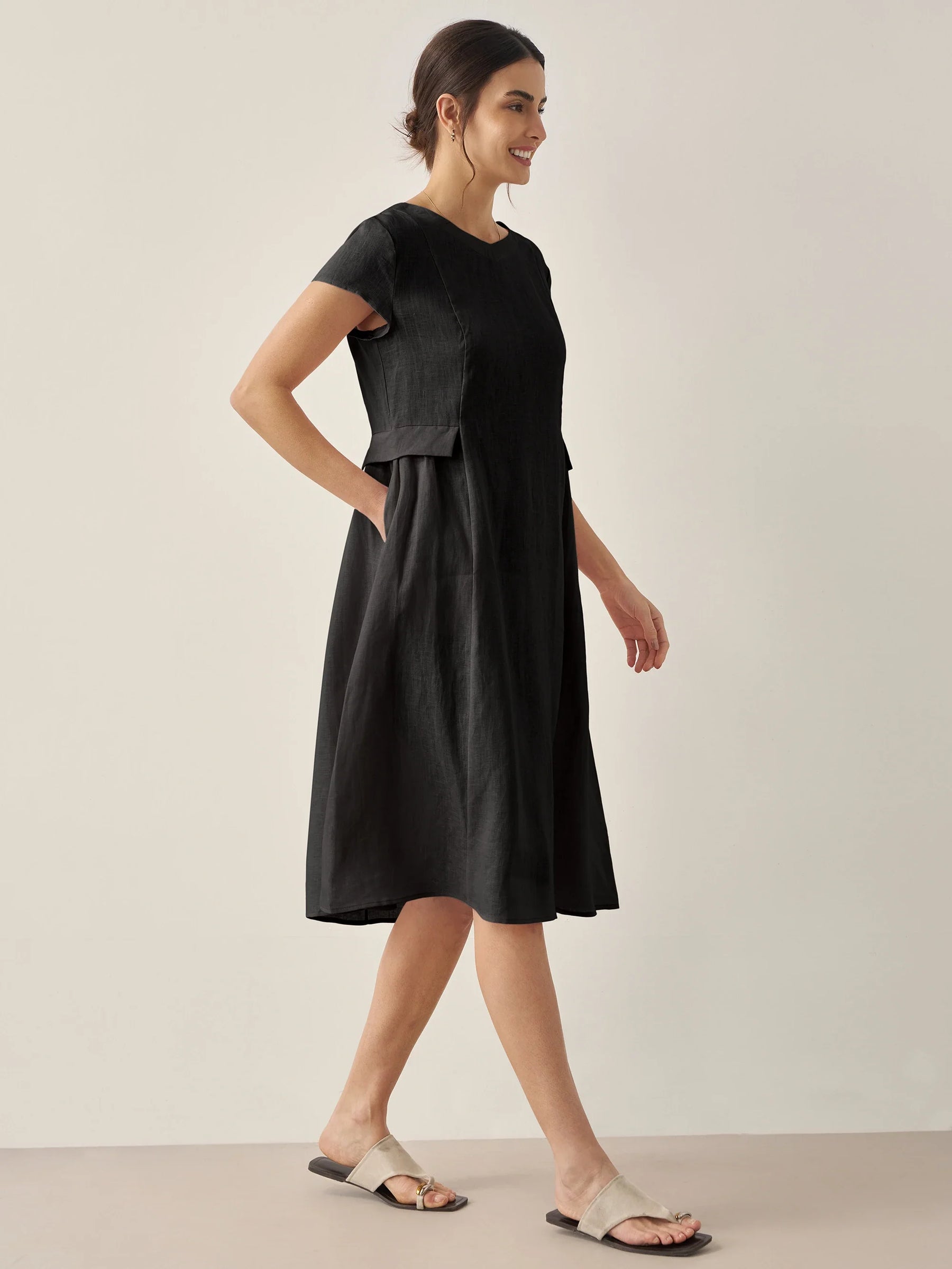 100% Linen Natural Summer V-Neck Dress ALEXA - Glamourous Grace