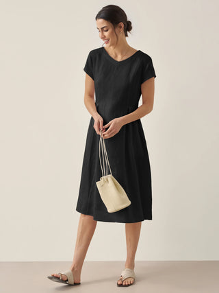 LINTICO 100% linen natural summer V-neck midi dress in charcoal black, stylish and breathable for warm weather.