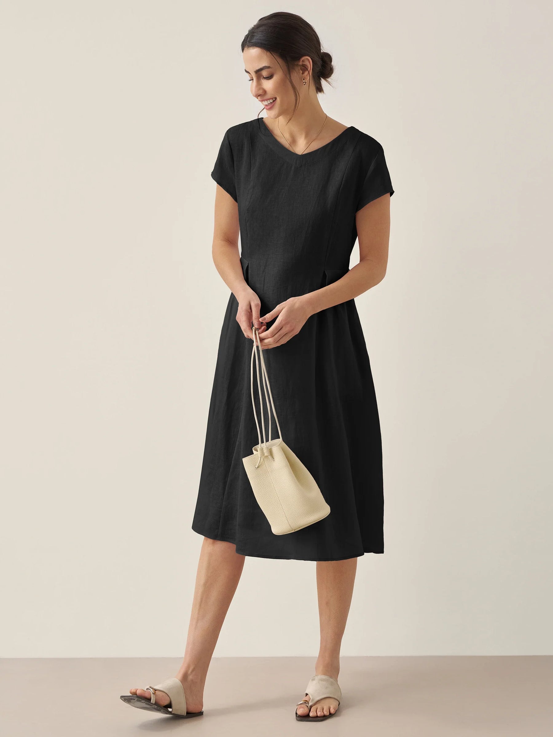 100% Linen Natural Summer V-Neck Dress ALEXA - Glamourous Grace