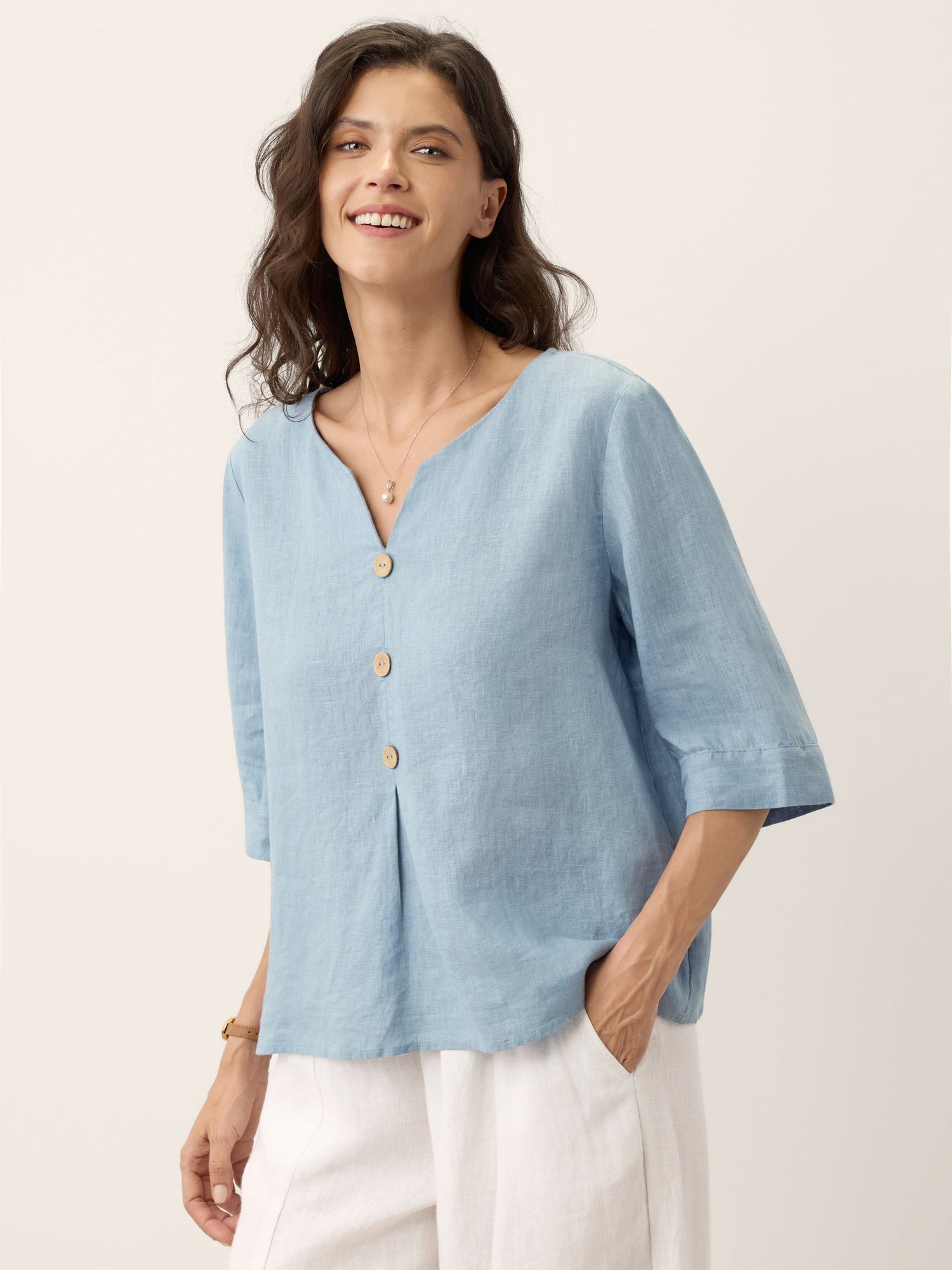 100% Linen Split Neck Inverted Pleat Top TABITHA - Glamourous Grace