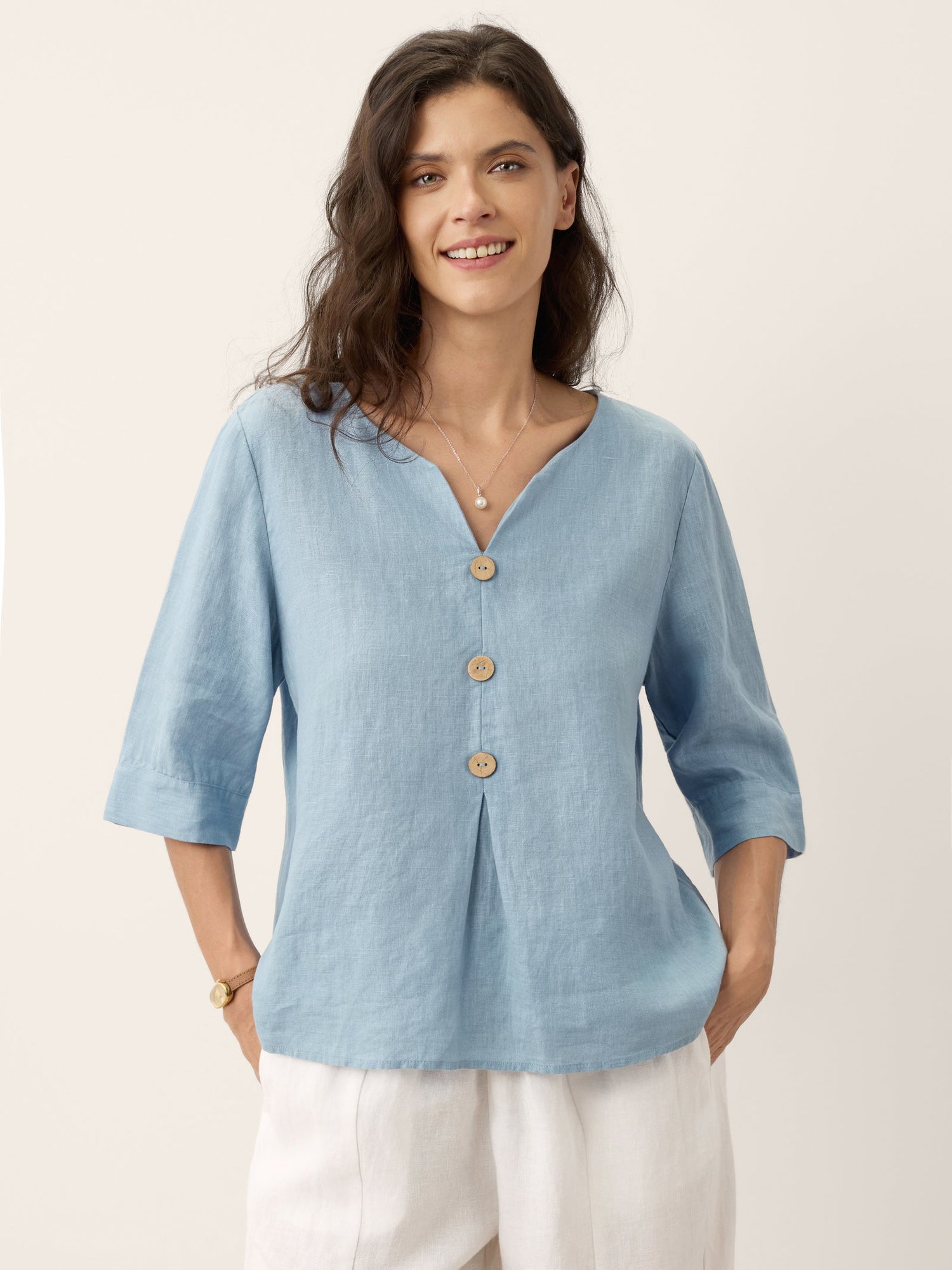100% Linen Split Neck Inverted Pleat Top TABITHA - Glamourous Grace