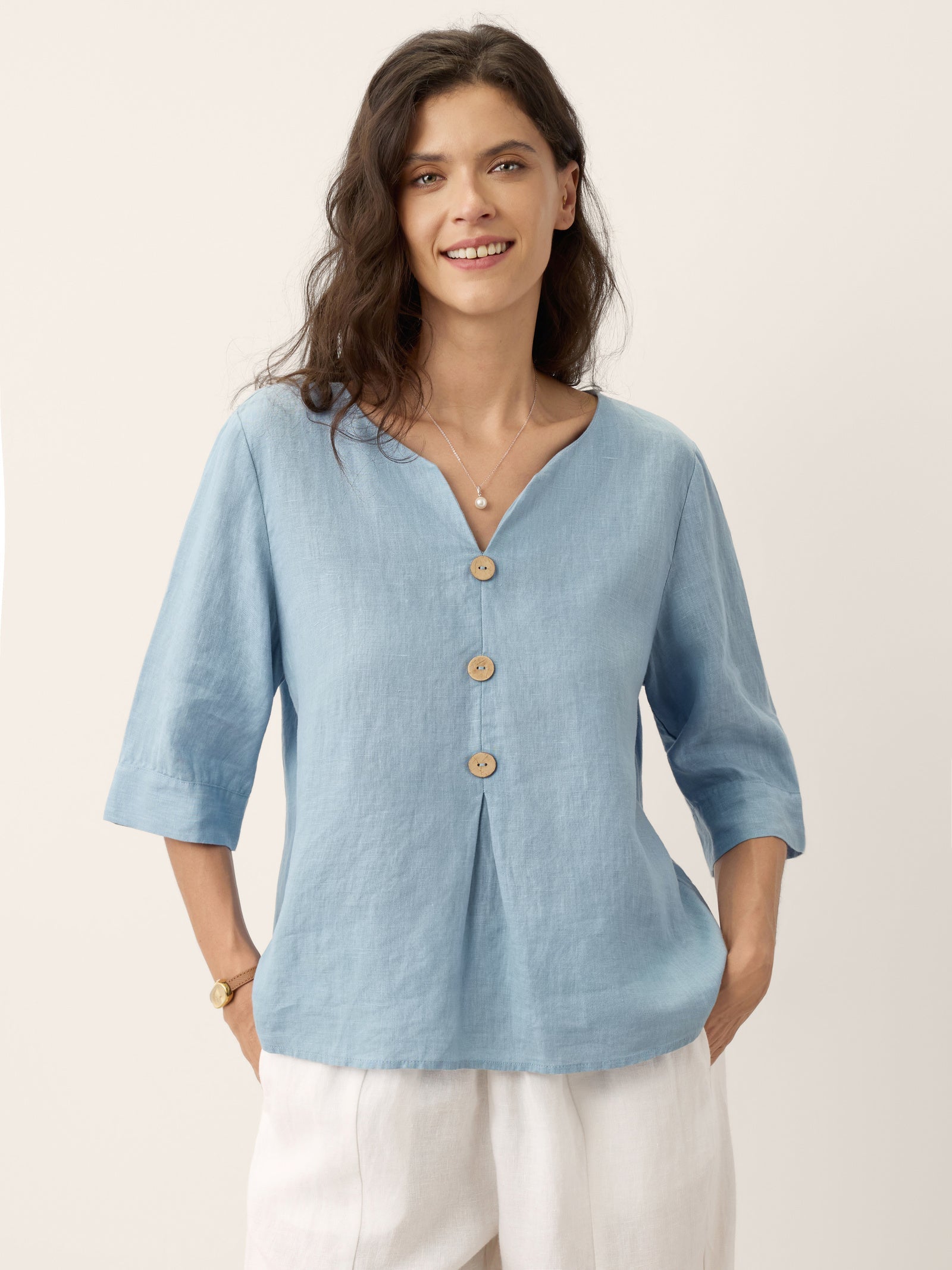 100% Linen Split Neck Inverted Pleat Top TABITHA - Glamourous Grace