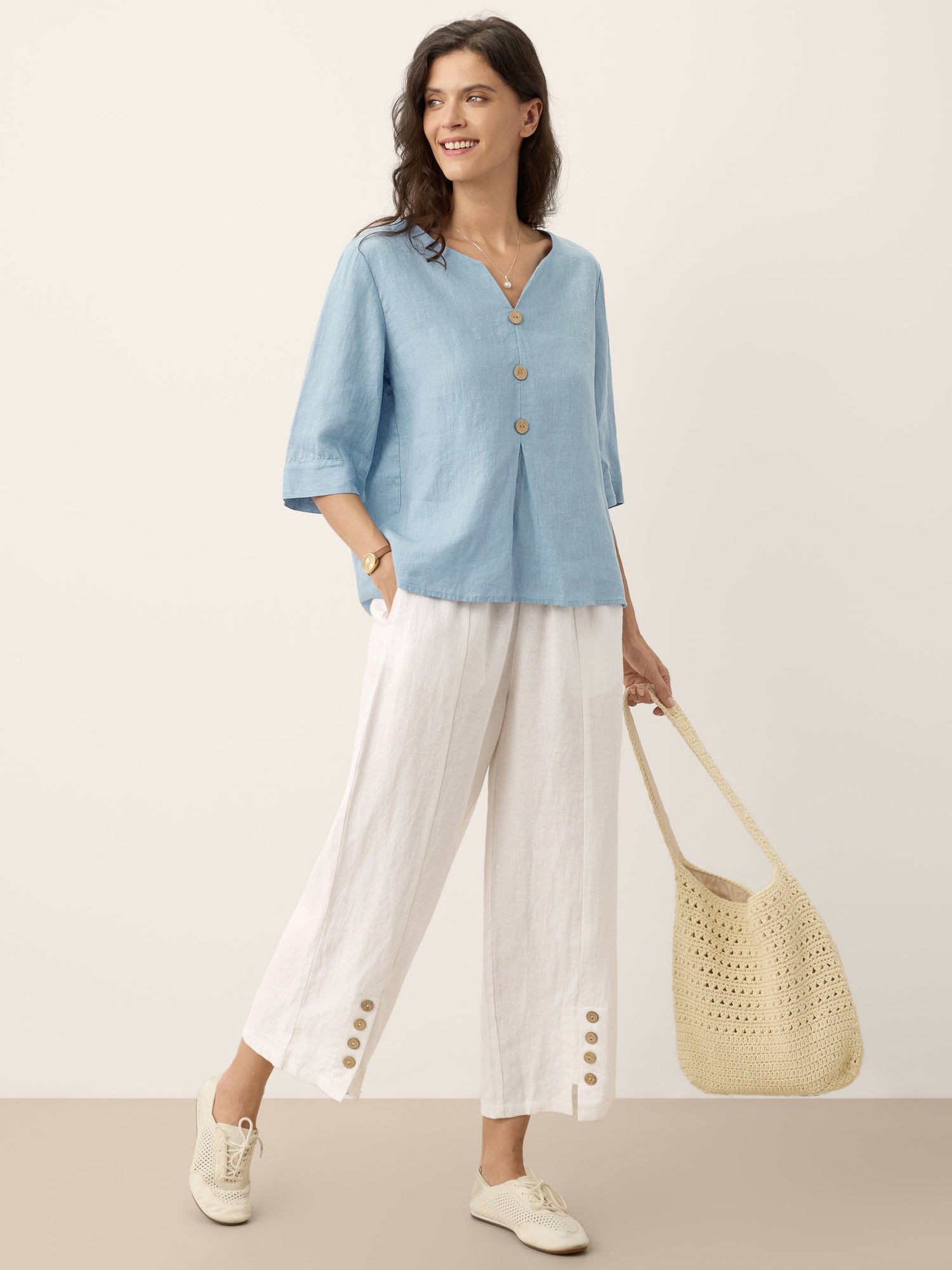 100% Linen Split Neck Inverted Pleat Top TABITHA - Glamourous Grace