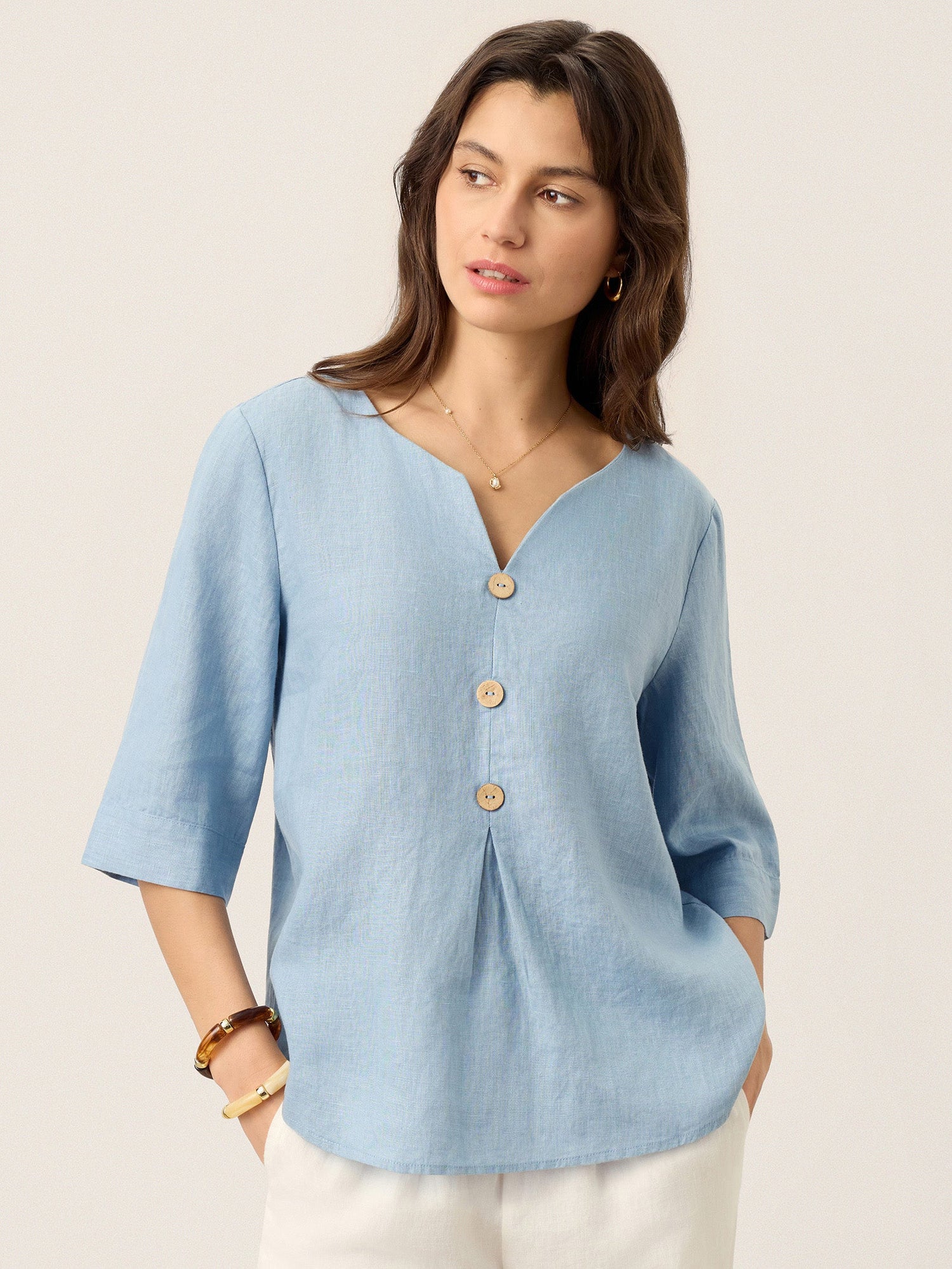100% Linen Split Neck Inverted Pleat Top TABITHA - Glamourous Grace