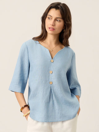 100% Linen Split Neck Inverted Pleat Top TABITHA - Glamourous Grace