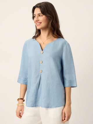 100% Linen Split Neck Inverted Pleat Top TABITHA - Glamourous Grace