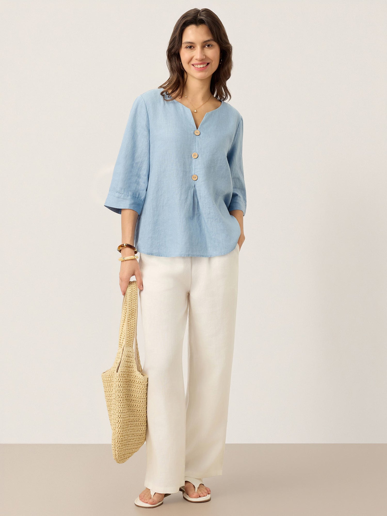 100% Linen Split Neck Inverted Pleat Top TABITHA - Glamourous Grace
