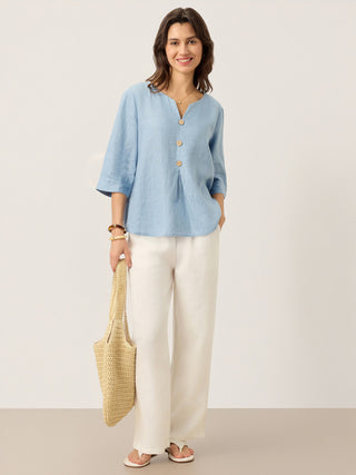 100% Linen Split Neck Inverted Pleat Top TABITHA - Glamourous Grace