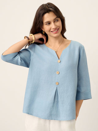100% Linen Split Neck Inverted Pleat Top TABITHA - Glamourous Grace