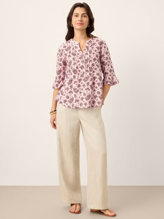 Linen Paisley Pintucked Ruffle-Cuff Curved Hem Blouse ILARIA - Glamourous Grace