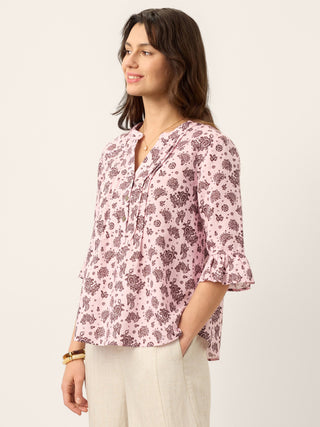 Linen Paisley Pintucked Ruffle-Cuff Curved Hem Blouse ILARIA - Glamourous Grace