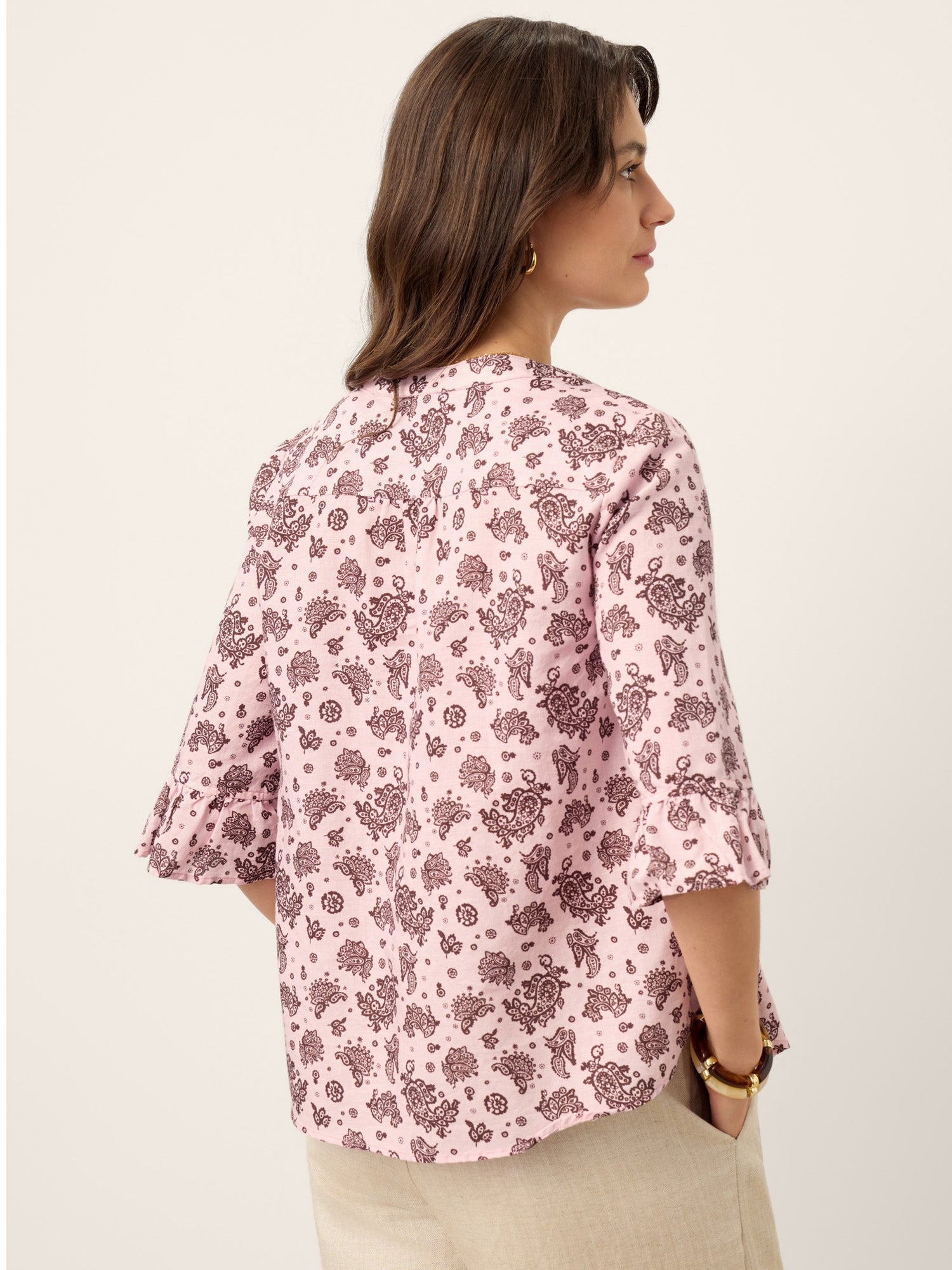 Linen Paisley Pintucked Ruffle-Cuff Curved Hem Blouse ILARIA - Glamourous Grace