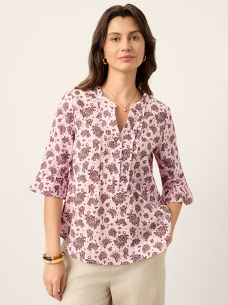 Linen Paisley Pintucked Ruffle-Cuff Curved Hem Blouse ILARIA - Glamourous Grace