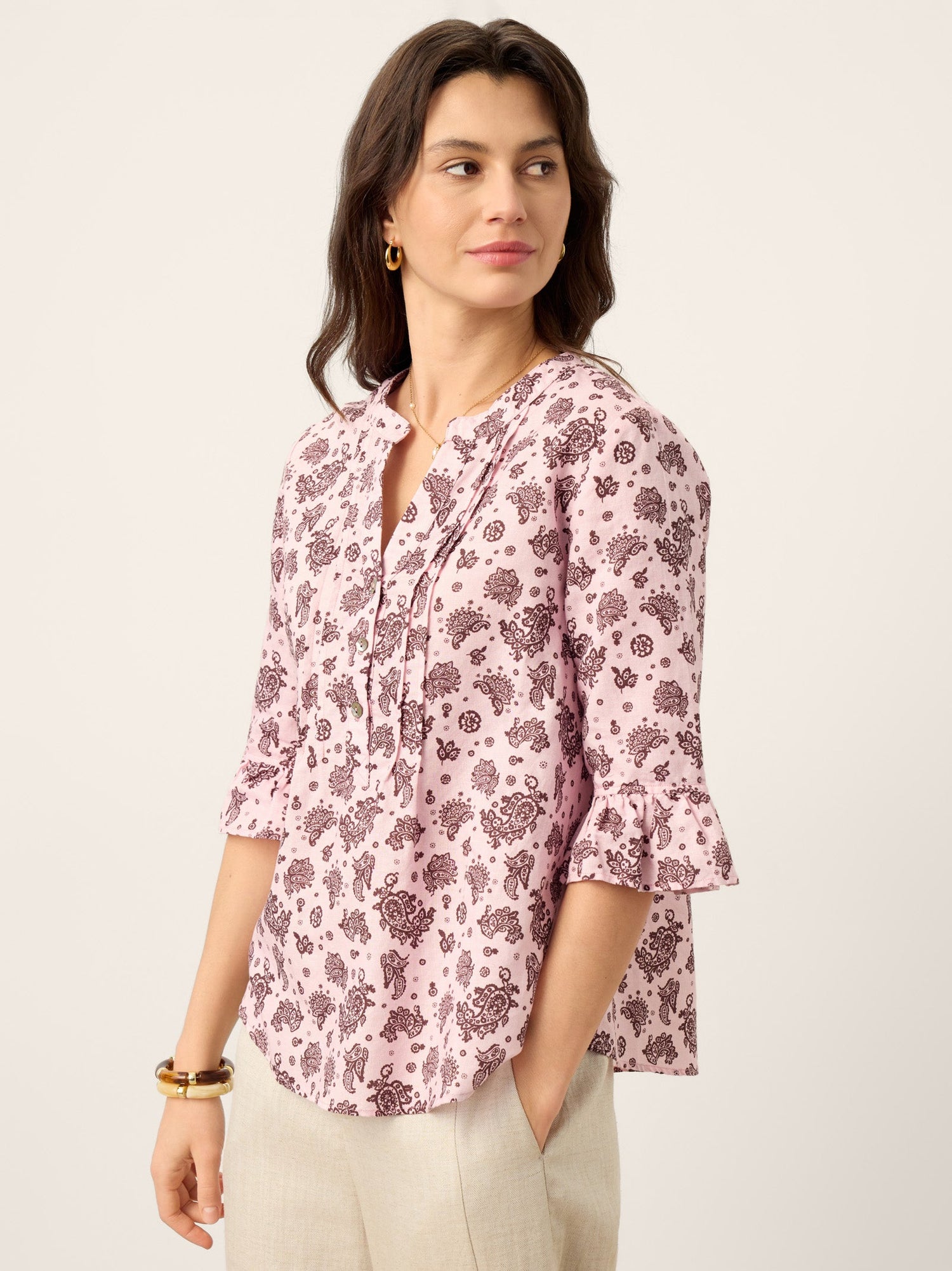 Linen Paisley Pintucked Ruffle-Cuff Curved Hem Blouse ILARIA - Glamourous Grace
