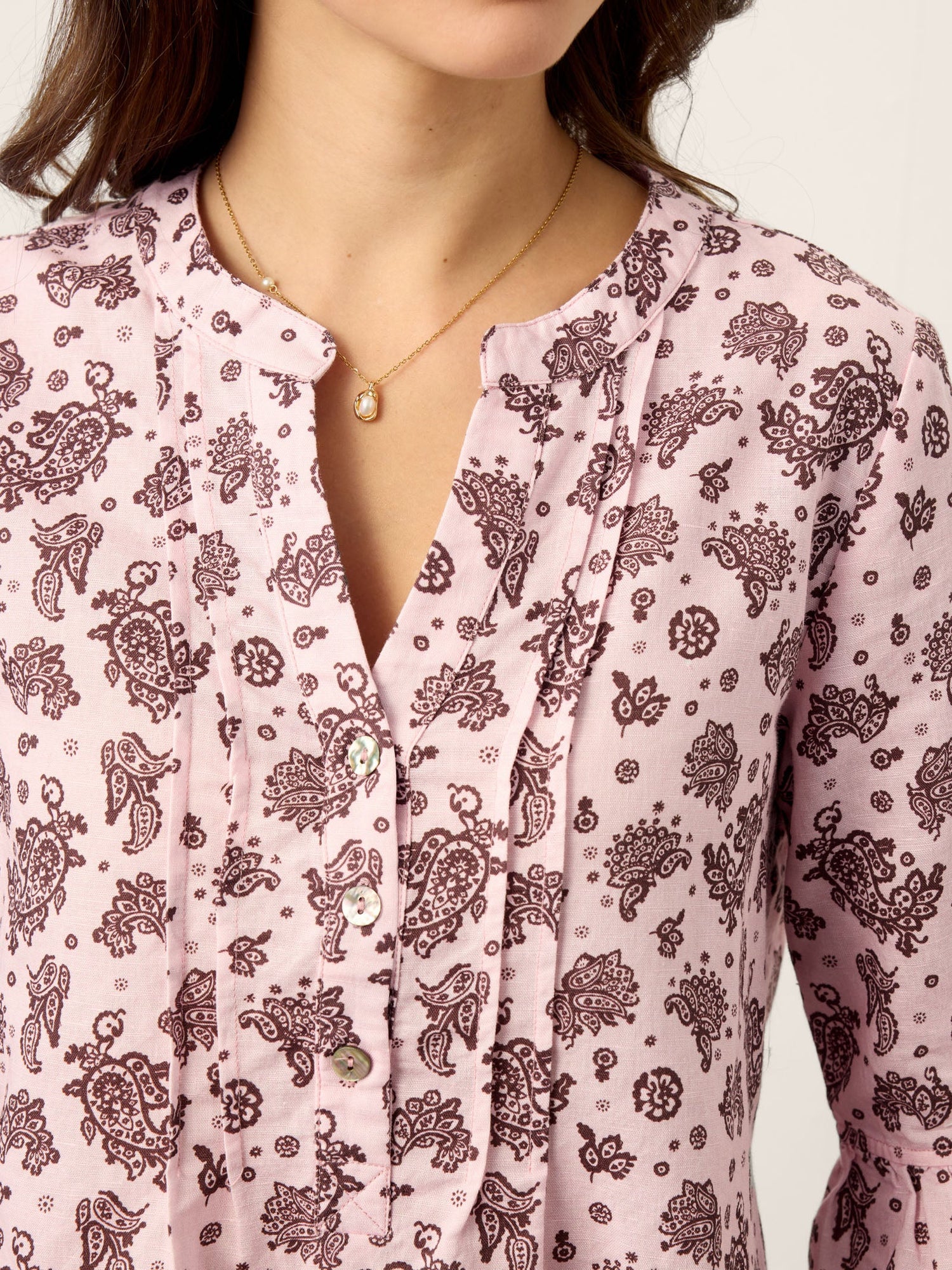 Linen Paisley Pintucked Ruffle-Cuff Curved Hem Blouse ILARIA - Glamourous Grace