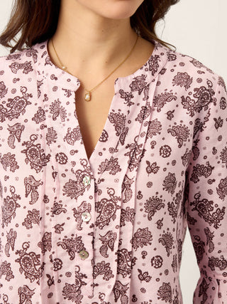 Linen Paisley Pintucked Ruffle-Cuff Curved Hem Blouse ILARIA - Glamourous Grace