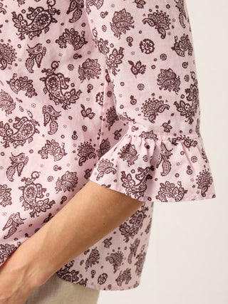 Linen Paisley Pintucked Ruffle-Cuff Curved Hem Blouse ILARIA - Glamourous Grace