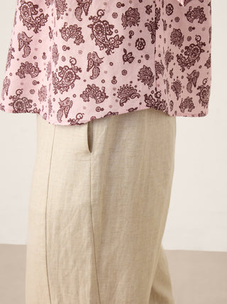 Linen Paisley Pintucked Ruffle-Cuff Curved Hem Blouse ILARIA - Glamourous Grace