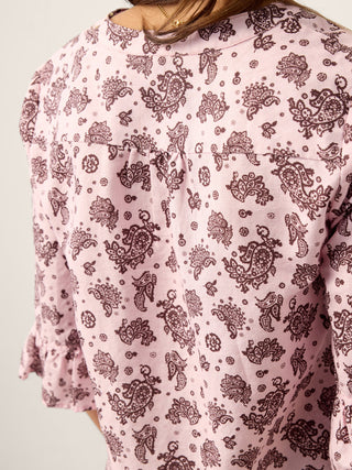 Linen Paisley Pintucked Ruffle-Cuff Curved Hem Blouse ILARIA - Glamourous Grace
