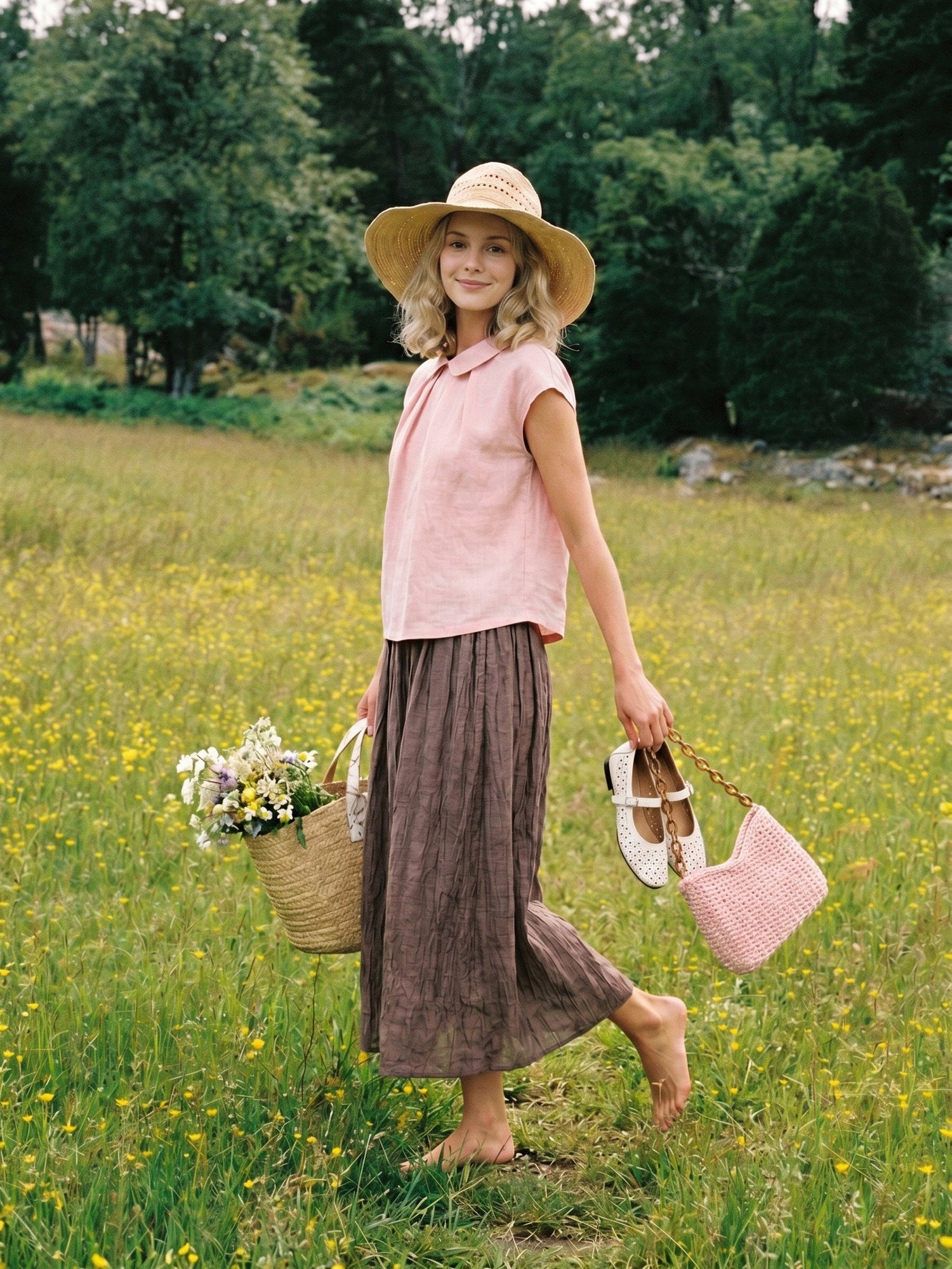 100% Linen Peter-Pan Collar Pintuck Top MIRIAM - Glamourous Grace