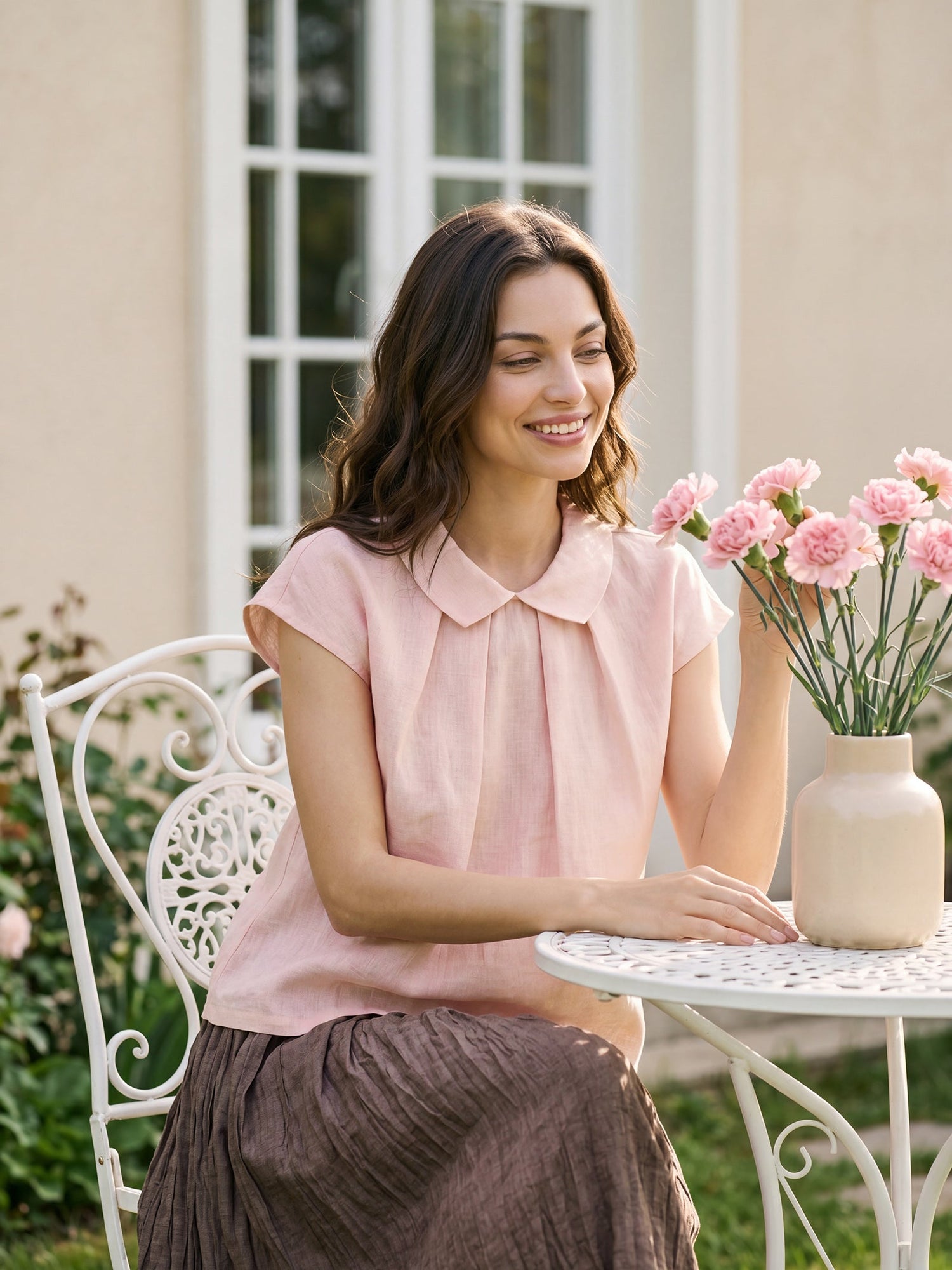 100% Linen Peter-Pan Collar Pintuck Top MIRIAM - Glamourous Grace