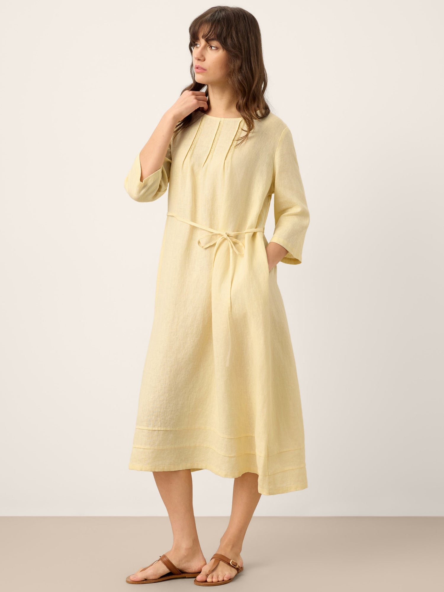100% Linen Pintucked Embroidered Adjustable Belt Tiered Maxi Dres VERENA - Glamourous Grace