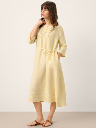 100% Linen Pintucked Embroidered Adjustable Belt Tiered Maxi Dres VERENA - Glamourous Grace