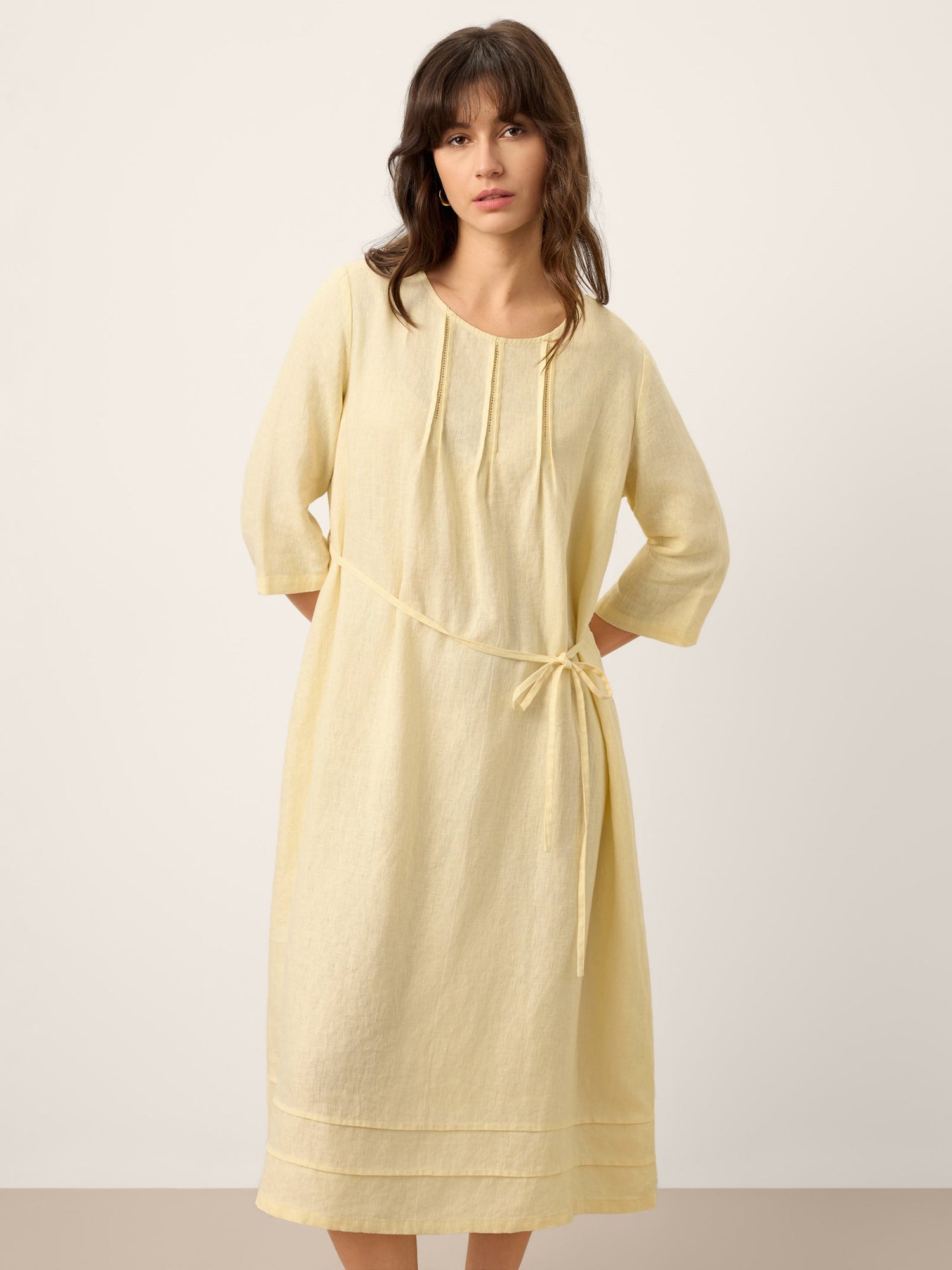 100% Linen Pintucked Embroidered Adjustable Belt Tiered Maxi Dres VERENA - Glamourous Grace