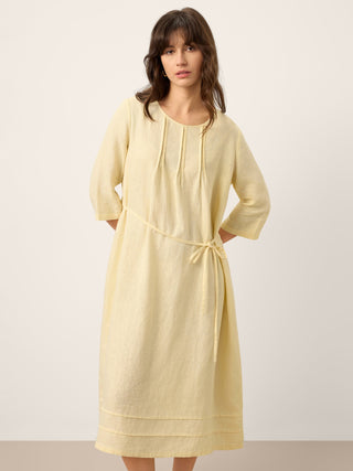 100% Linen Pintucked Embroidered Adjustable Belt Tiered Maxi Dres VERENA - Glamourous Grace